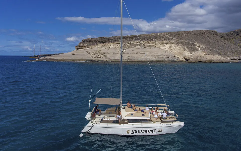 clientes disfrutando de un paseo en catamarán frente a la costa de Tenerife